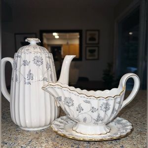 Spode Colonial Gray  Gravy Boat with Attached Underplate And Teapot